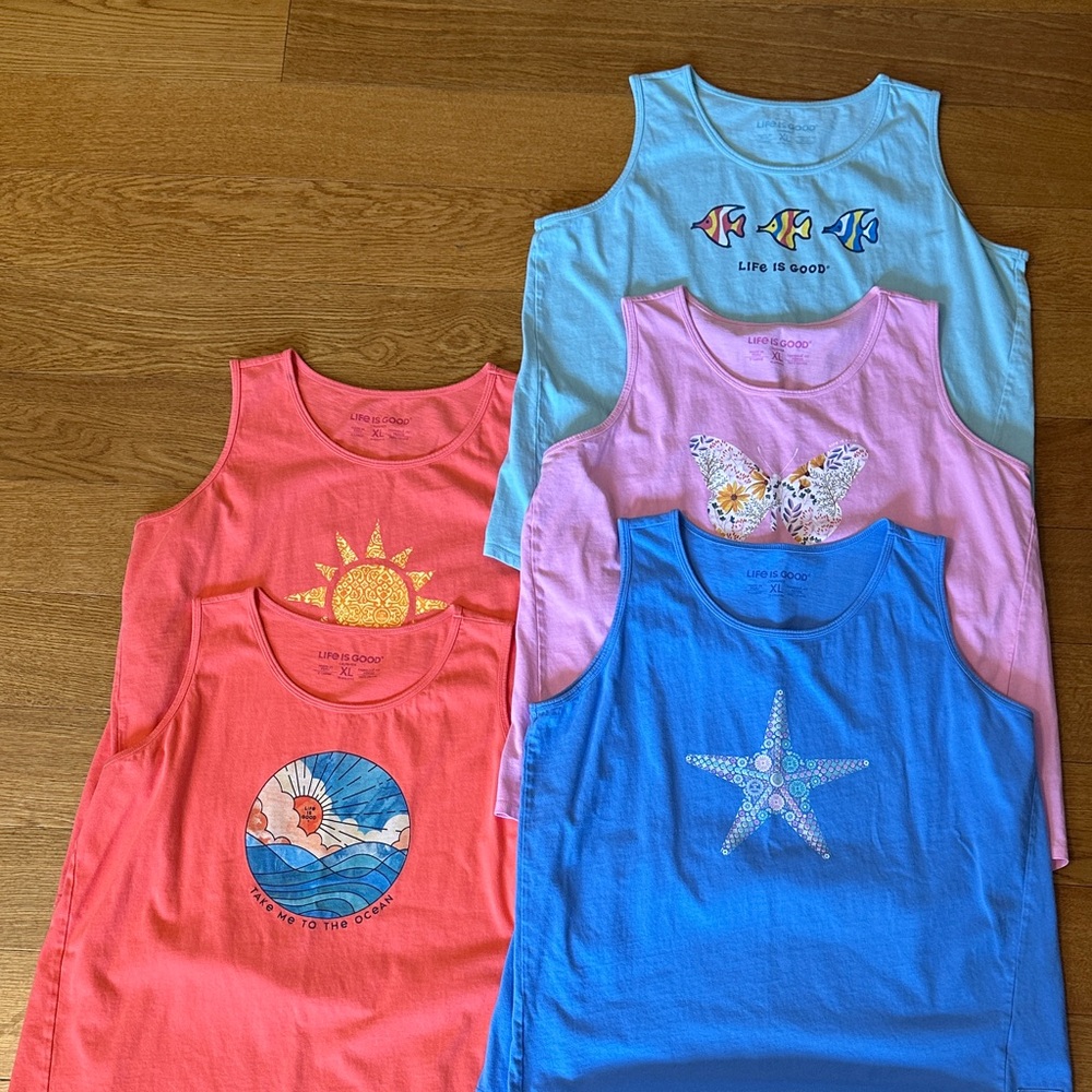 Life Is Good Women’s Tank Tops - Coral, Blue, Pink - Picture 2 of 7